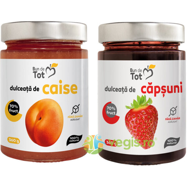 Reducere  Pachet Dulceata de Capsuni fara Zahar 360g + Dulceata de Caise fara Zahar 360g