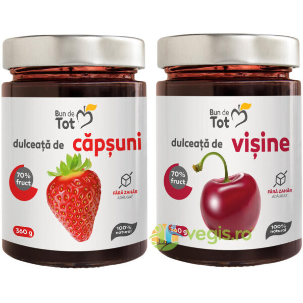 Reducere  Pachet Dulceata de Capsuni fara Zahar 360g + Dulceata de Visine fara Zahar 360g