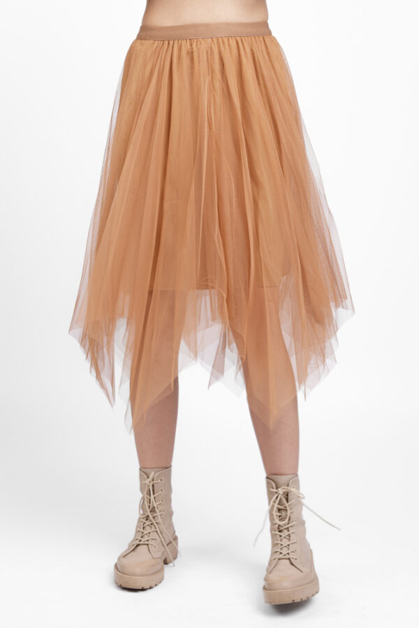 Reducere  Fusta midi in colturi, din tulle camel Reducere