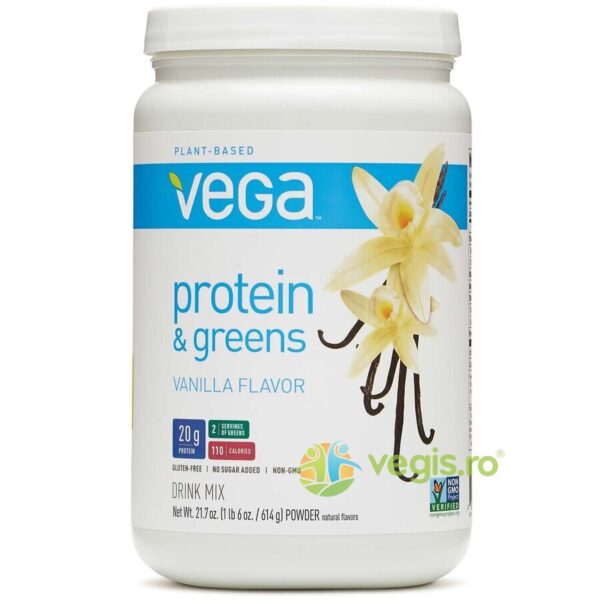 Reducere  Protein and Greens (Proteina Vegetala si Verdeturi) cu Aroma de Vanilie Vega 614g