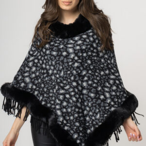 Reducere  Poncho animal print negru, de oras tivit cu blana Reducere