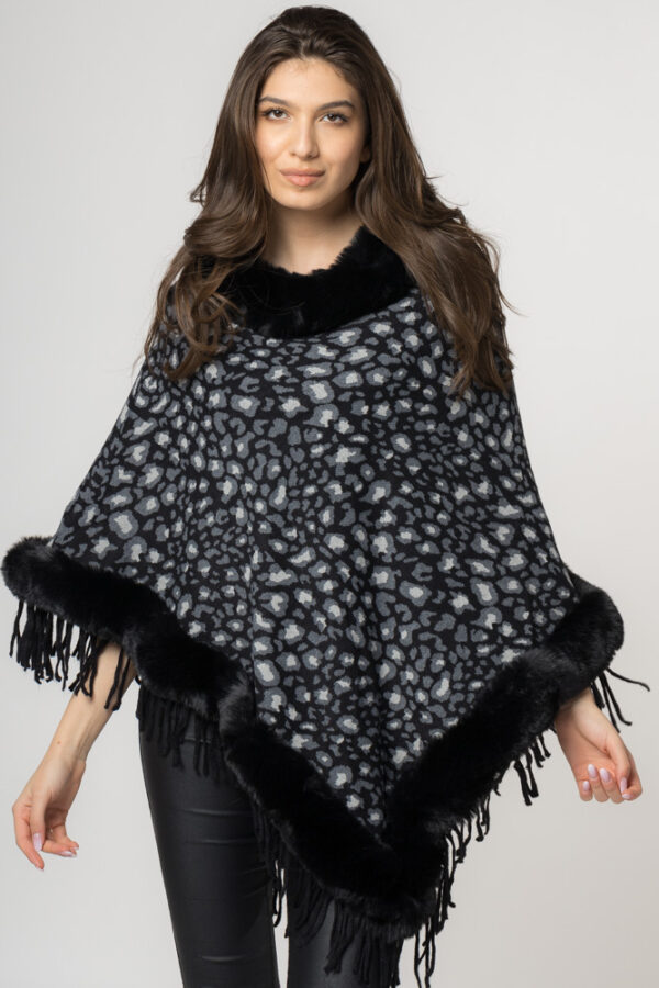 Reducere  Poncho animal print negru, de oras tivit cu blana Reducere