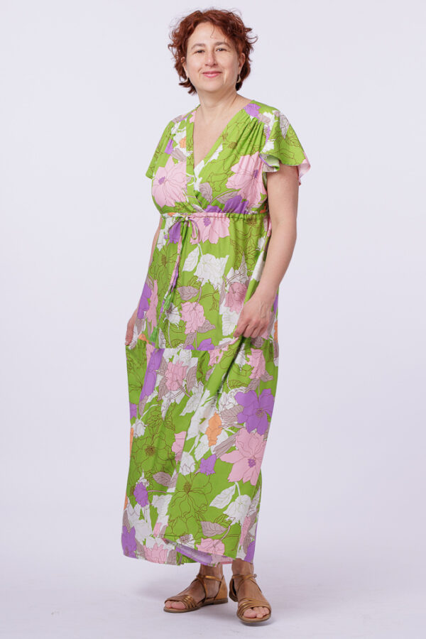 Reducere  Rochie cu bust petrecut si imprimeu floral pe fond verde Reducere