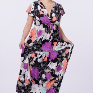 Reducere  Rochie cu bust petrecut si imprimeu floral pe fond negru Reducere