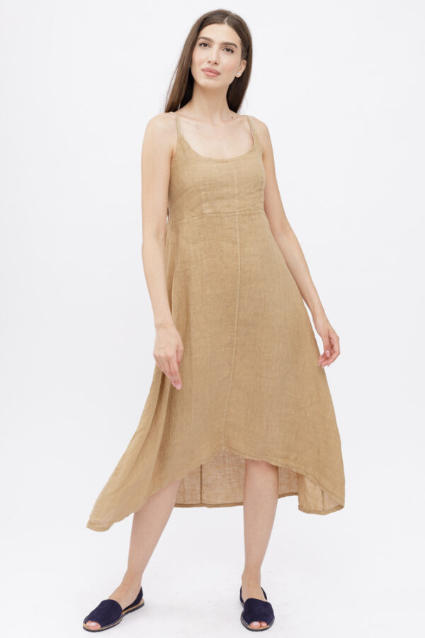 Reducere  Rochie din in, cu bretele reglabile si elastic la spate, camel Reducere