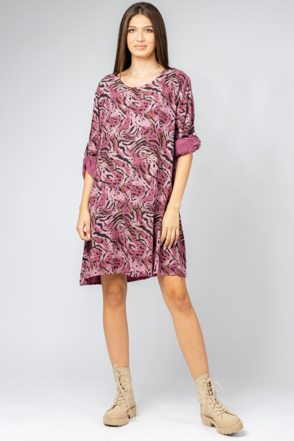 Reducere  Rochie scurta din vascoza cu imprimeu animal print, roz Reducere