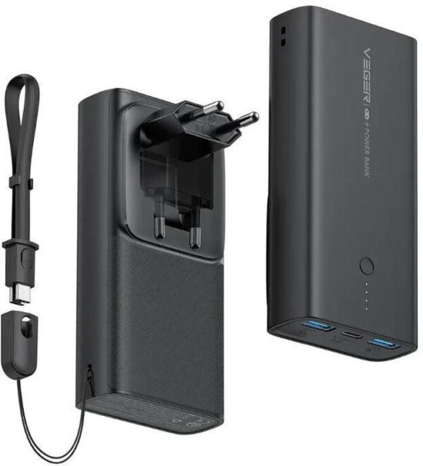 Reducere  ✅ Baterie externa VEGER ACE100, 10000 mAh, 2x USB, 1x USB-C, negru Reducere