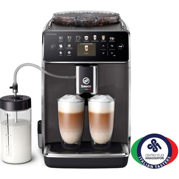 Reducere  Espressor automat Saeco GranAroma SM6580/10, sistem de lapte Latte Duo, 14 bauturi, 15 bar, ecran TFT color, 4 profiluri utilizator, filtru AquaClean, rasnita ceramica, functie DoubleShot, Gri