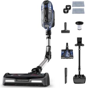 Reducere  Aspirator vertical fara fir Rowenta X-Force Flex 14.60 Aqua RH99C3WO cu mop, 480W, 32.4V, autonomie 70 min, filtrare 99.9%, recipient praf 0.9 L, tub flexibil, perie cu LED, panou digital SmartControl, statie de incarcare cu suport accesorii, gri&albastru