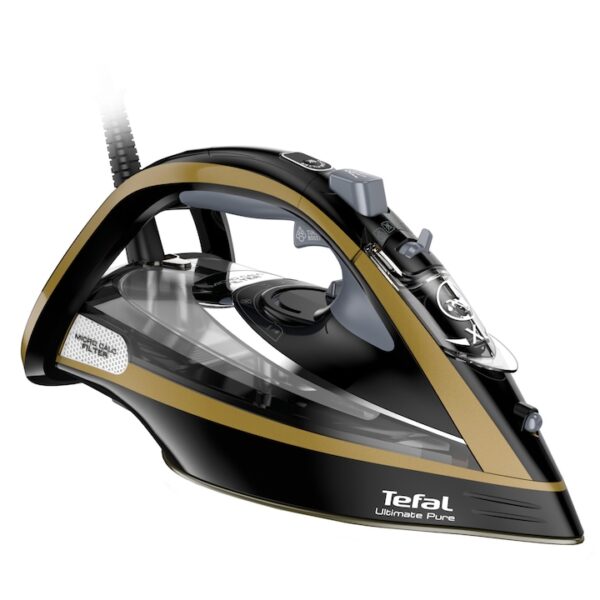 Reducere  Fier de calcat Tefal Ultimate Pure FV9865, 3000 W, jet de abur 250 g/ min, abur variabil 0-60g/min, rezervor apa 350 ml, talpa Durilium AirGlide Autoclean, oprire automata, negru/auriu