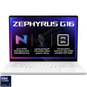 Reducere  Laptop Gaming ASUS ROG Zephyrus G16 GU605MZ cu procesor Intel® Core™ Ultra 9 185H pana la 5.1 GHz, 16″, OLED, 2.5K, 240Hz, 32GB LPDDR5X, 1TB SSD, NVIDIA® GeForce RTX™ 4080 12GB GDDR6, Windows 11 Pro, Platinum White