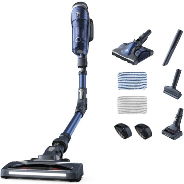 Reducere  Aspirator vertical fara fir Rowenta X-Force Flex 8.60 Aqua RH9690WO cu functie de mop, 185W, 22V, autonomie 45 min, filtrare 99.9%, recipient praf 0.55 L, tub flexibil, perie cu iluminare LED, acumulator detasabil, gri & albastru