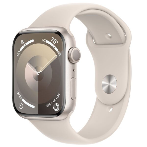 Reducere  Apple Watch 9, GPS, Carcasa Starlight Aluminium 45mm, Starlight Sport Band – M/L