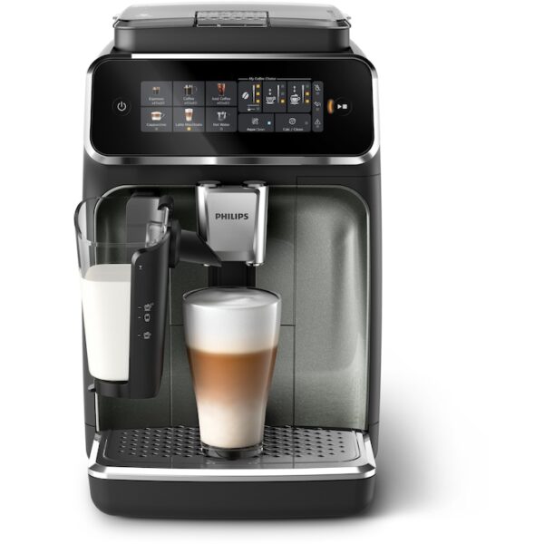 Reducere  Espressor automat Philips seria 3300 EP3349/70, solutie de lapte LatteGO, 6 tipuri de bauturi, ecran tactil intuitiv, Tehnologie noua SilentBrew pentru preparare silentioasa, Aplicatie HomeID , rasnita ceramica, negru/argintiu