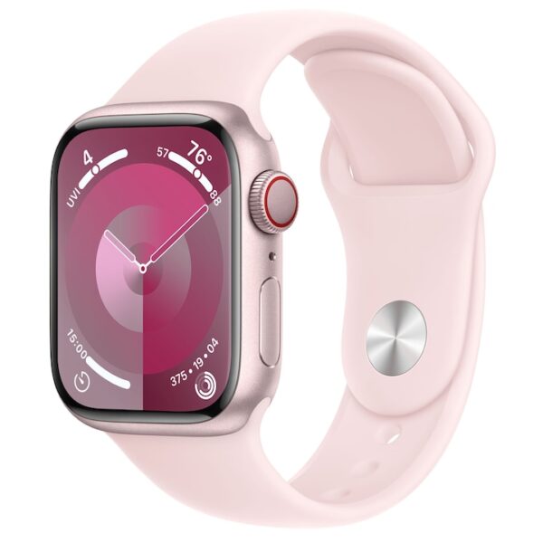 Reducere  Apple Watch 9, GPS, Cellular, Carcasa Pink Aluminium 41mm, Light Pink Sport Band – S/M