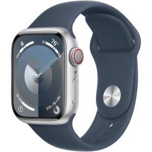 Reducere  Apple Watch 9, GPS, Cellular, Carcasa Silver Aluminium 41mm, Storm Blue Sport Band – M/L