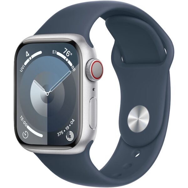 Reducere  Apple Watch 9, GPS, Cellular, Carcasa Silver Aluminium 41mm, Storm Blue Sport Band – M/L