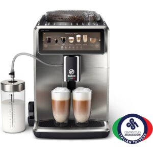 Reducere  Espressor complet automat Saeco Xelsis Suprema SM8885/00, 15 bari, 22 specialitati de cafea, 8 profile de utilizator, 15 bar, interfata Coffee Maestro, tehnologie BeanMaestro, functie LatteDuo, rasnita ceramica, filtru Aqua Clean, Gri