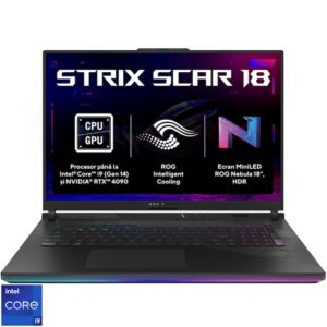 Reducere  Laptop Gaming ASUS ROG Strix SCAR 18 G834JYR cu procesor Intel® Core™ i9 14900HX pana la 5.8 GHz, 18″, QHD+, Mini LED 240Hz, 32GB DDR5, 2TB SSD, NVIDIA® GeForce RTX™ 4090 16GB GDDR6 TGP 175W, No OS, Off Black