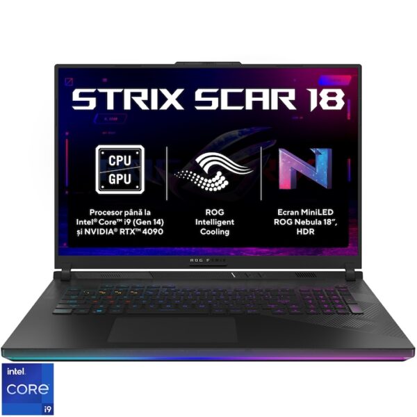 Reducere  Laptop Gaming ASUS ROG Strix SCAR 18 G834JYR cu procesor Intel® Core™ i9 14900HX pana la 5.8 GHz, 18″, QHD+, Mini LED 240Hz, 32GB DDR5, 2TB SSD, NVIDIA® GeForce RTX™ 4090 16GB GDDR6 TGP 175W, No OS, Off Black