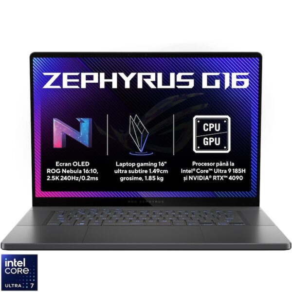 Reducere  Laptop Gaming ASUS ROG Zephyrus G16 GU605MI cu procesor Intel® Core™ Ultra 7 155H pana la 4.8 GHz, 16″, QHD+, OLED, 240Hz, 32GB DDR5, 1TB SSD, NVIDIA® GeForce RTX™ 4070 8GB GDDR6, Windows 11 Pro, Eclipse Gray