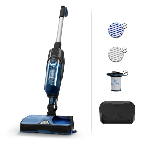 Reducere  Aspirator vertical fara fir Rowenta X-Combo 2 in 1 GZ3038WO cu functie de mop, 215W, 21.6V, autonomie 60 minute, mop cu rotire, recipient praf 0.55L, tehnologie Aerospin, negru / albastru