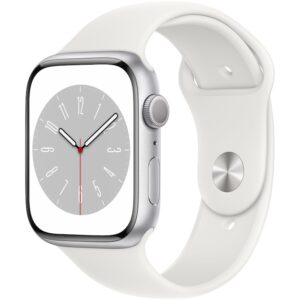 Reducere  Apple Watch 8, GPS, Carcasa Silver Aluminium 45mm, White Sport Band