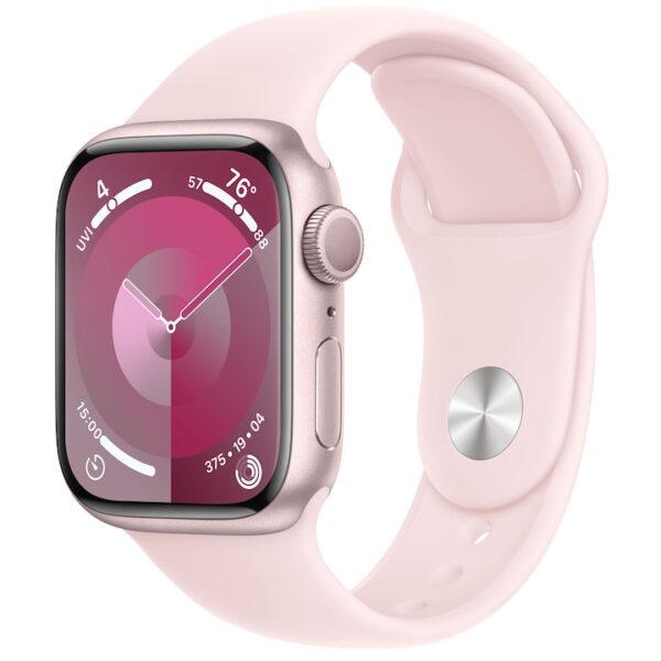 Reducere  Apple Watch 9, GPS, Carcasa Pink Aluminium 41mm, Light Pink Sport Band – M/L