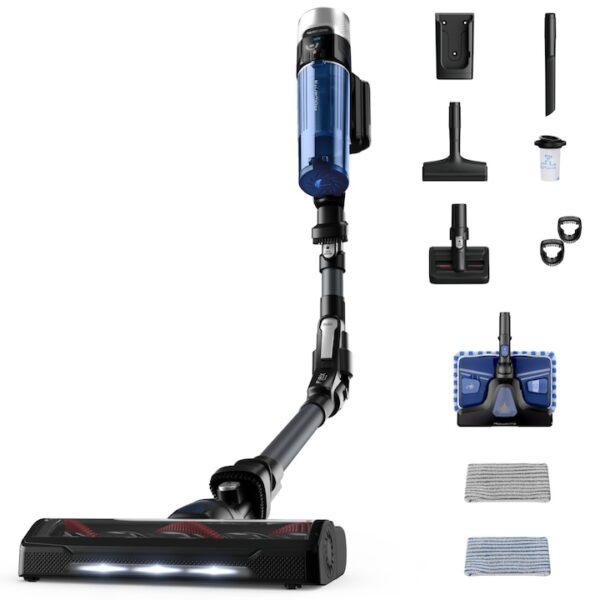 Reducere  Aspirator vertical fara fir Rowenta X-Force Flex 9.60 Aqua RH20C7WO cu functie de mop, 250W, 18.5V, autonomie 45 min, filtrare 99.9%, recipient praf 0.44 L, tub flexibil, perie cu LED, panou SmartControl, suport de perete cu incarcare, gri & albastru