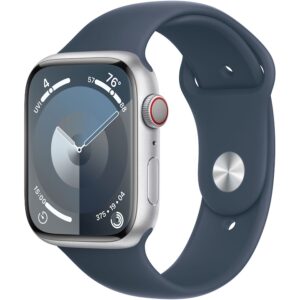 Reducere  Apple Watch 9, GPS, Cellular, Carcasa Silver Aluminium 45mm, Storm Blue Sport Band – S/M