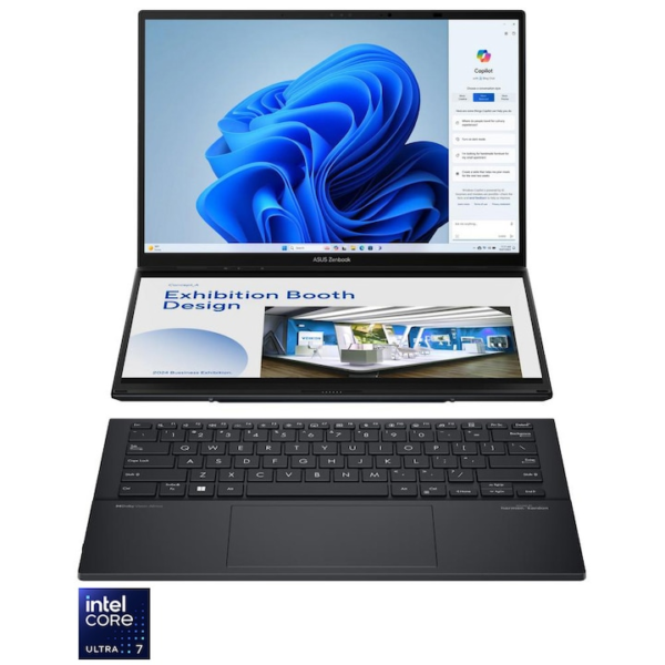 Reducere  Laptop ASUS Zenbook Duo OLED cu procesor Intel® Core™ Ultra 7 Processor 155H pana la 4.8 GHz, 14.0″, 3K, OLED, Touch, 16GB DDR5, 1TB SSD, Intel® Arc™ Graphics, Windows 11 Pro, Inkwell Gray