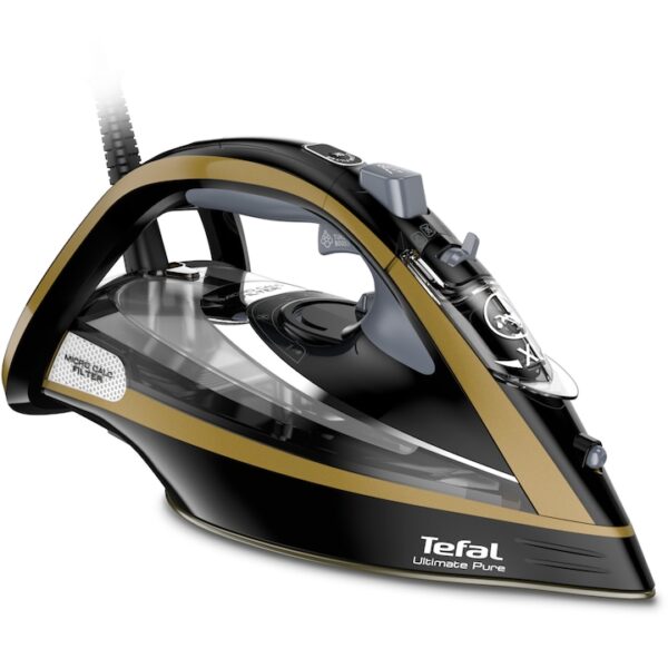 Reducere  Fier de calcat Tefal Ultimate Pure FV9847E0, 3200W, jet de abur 260g/min, abur variabil 0-60g/min, rezervor apa 350ml, talpa Durilium AirGlide AutoClean, oprire automata, negru/auriu