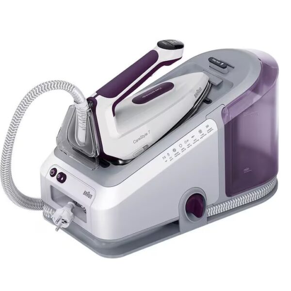 Reducere  Statie de calcat Braun CareStyle 7 IS7266VI, 2400W, 7.5 bari, abur variabil 160g/min, jet de abur 550g/min, rezervor 2L, tehnologie iCare, tehnologie FreeGlide 3D, talpa EloxalPlus, Alb-Violet