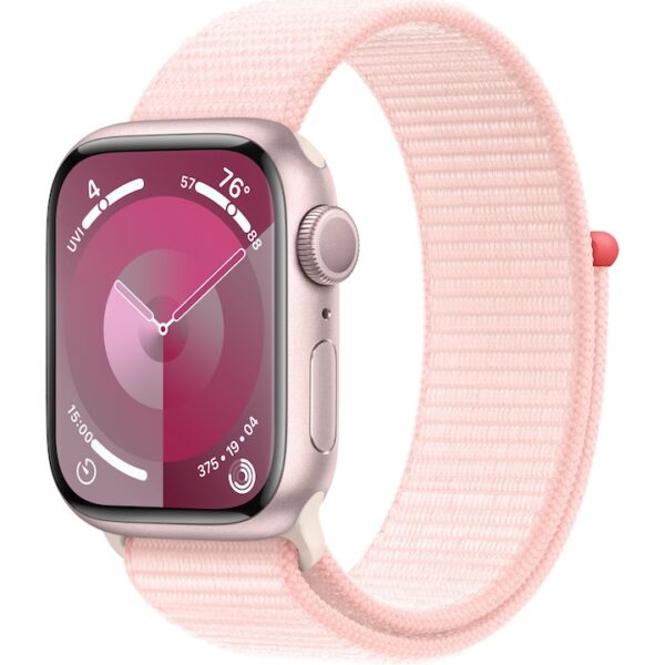 Reducere  Apple Watch 9, GPS, Carcasa Pink Aluminium 41mm, Light Pink Sport Loop