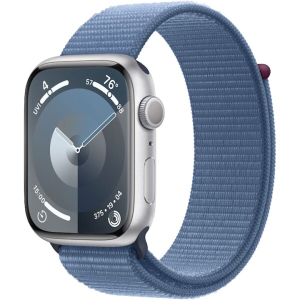 Reducere  Apple Watch 9, GPS, Carcasa Silver Aluminium 45mm, Winter Blue Sport Loop