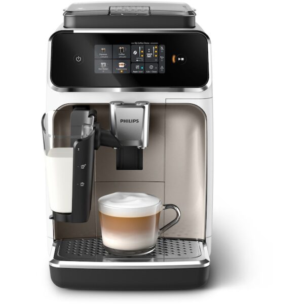 Reducere  Espressor automat Philips seria 2300 EP2333/40, LatteGO, 4 tipuri de bauturi, ecran tactil intuitiv, tehnologie SilentBrew, Aplicatie HomeID, rasnita ceramica, negru/alb