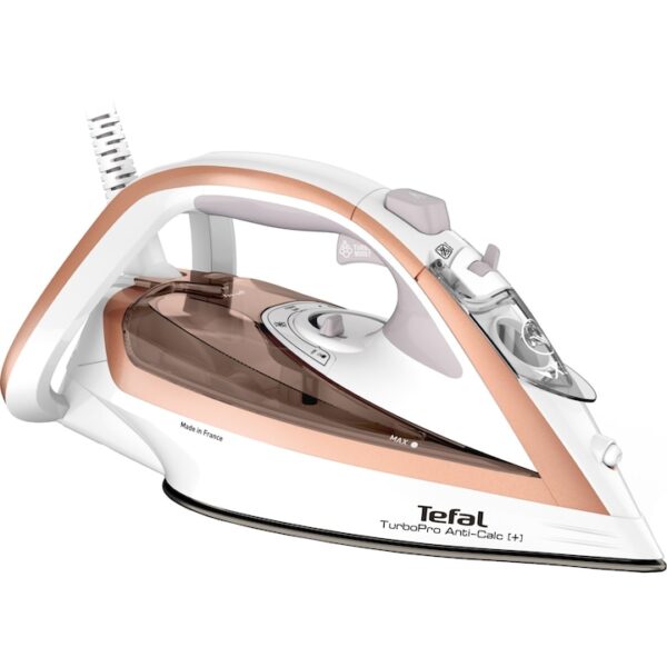 Reducere  Fier de calcat Tefal Turbo Anti-Calc FV5697E1, 3000W, jet abur 270 g/min, abur variabil 0-50 g/min, colector anticalcar, oprire automata, alb/roz