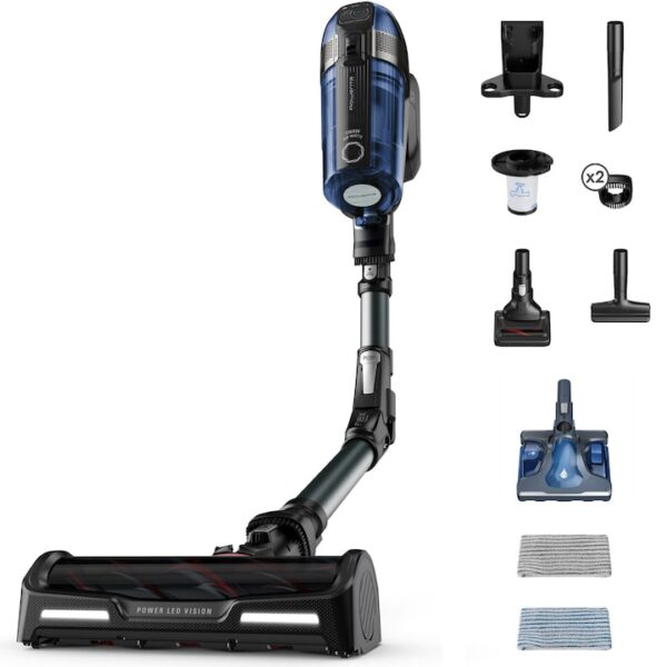 Reducere  Aspirator vertical fara fir Rowenta X-Force Flex 12.60 RH98C8WO cu functie de mop, 320W, 25.2V, autonomie 45 min, filtrare 99.9%, tub flexibil, perie cu iluminare LED, panou digital Smart Control, suport de perete cu incarcare, albastru & negru