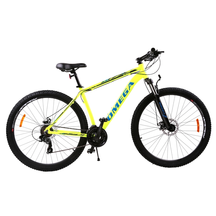 Reducere  RESIGILAT: Bicicleta MTB 26″ Omega Gerry, cadru aluminiu, frane pe disc mecanice, galben/albastru