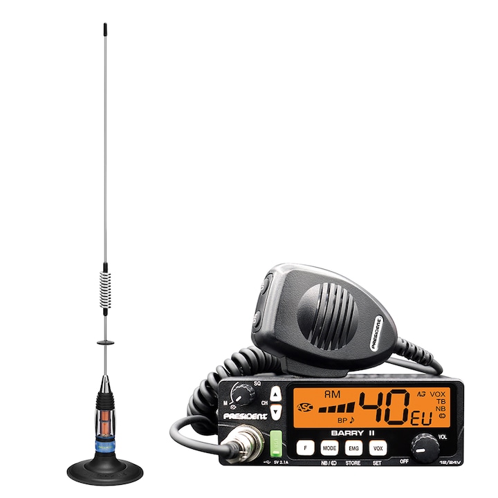 Reducere  RESIGILAT: Kit Statie radio CB President BARRY II ASC AM/FM, Roger Beep, NB, ANL, Port USB, VOX, 12V/24V + Antena CB President Missouri 72 cm, 50 Ohm, cu baza magnetica 125 mm si cablu inclus