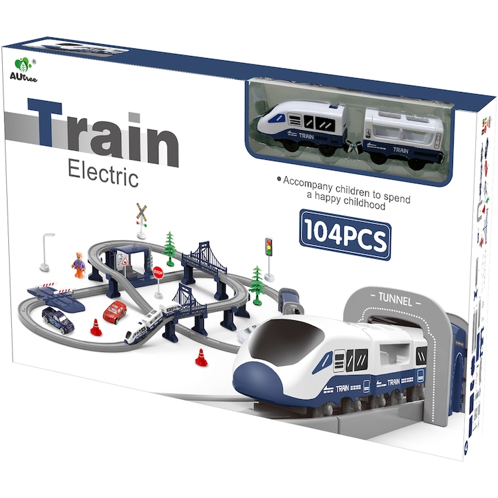 Reducere  RESIGILAT: Circuit tren electric cu lumini si sunete, Mappy City Rail cu accesorii, 104 piese, albastru