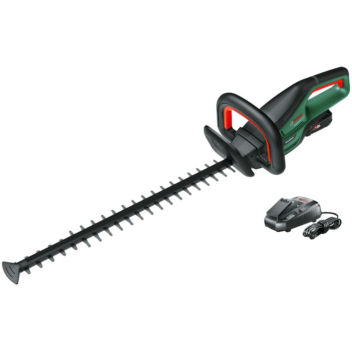 Reducere  RESIGILAT: Foarfeca electrica pe acumulator pentru tuns gard viu Bosch Universal HedgeCut 18V-55, 18 V, 55 cm lungime lama, 22 mm distanta intre dinti, 2800 curse/min, continer: acumulator 18 V 2.5 Ah + incarcator