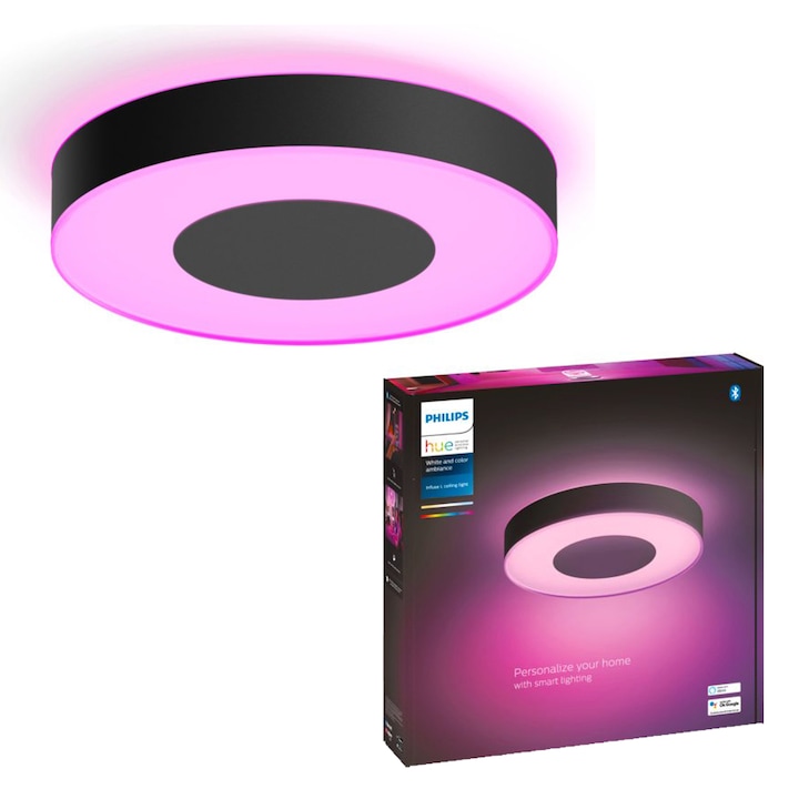 Reducere  RESIGILAT: Plafoniera LED RGB inteligenta Philips Hue Infuse, Bluetooth, 52.5W, 3700 lm, lumina alba si colorata (2000-6500K), 42.5cm, Negru, clasa energetica G