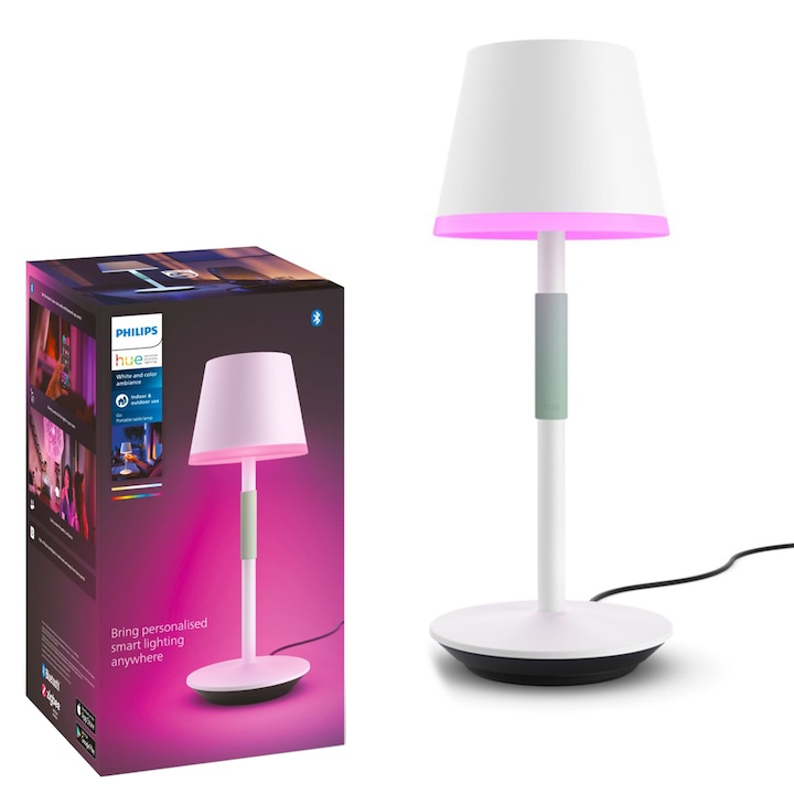 Reducere  RESIGILAT: Lampa de masa LED RGB inteligenta Philips Hue Go, Bluetooth, cu acumulator, dimabila, 530 lm, lumina alba si color (2000-6500K), 35 cm, Metal, Alb, clasa energetica G