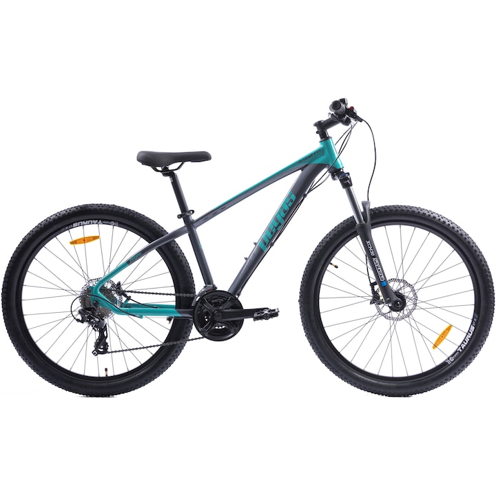 Reducere  RESIGILAT: Bicicleta MTB Pegas Drumet, cadru aluminiu, marime XS, 24 viteze, manete schimbator Shimano, frane disc fata/spate, roti 27.5 inch, Turcoaz