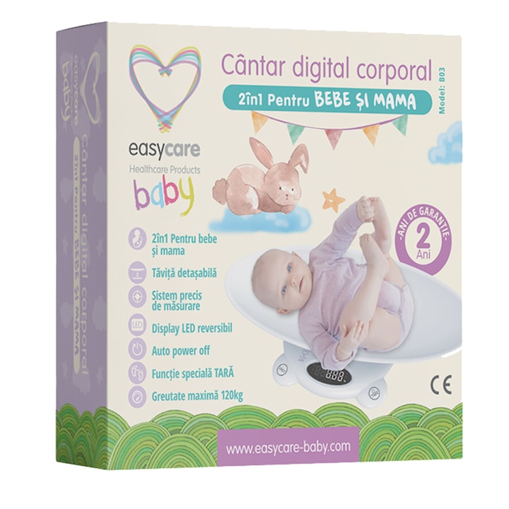 Reducere  RESIGILAT: Cantar digital corporal 2in1 pentru bebe si mama Easycare Baby, Display LED, Auto off, Functie Tara, 120kg, Alb