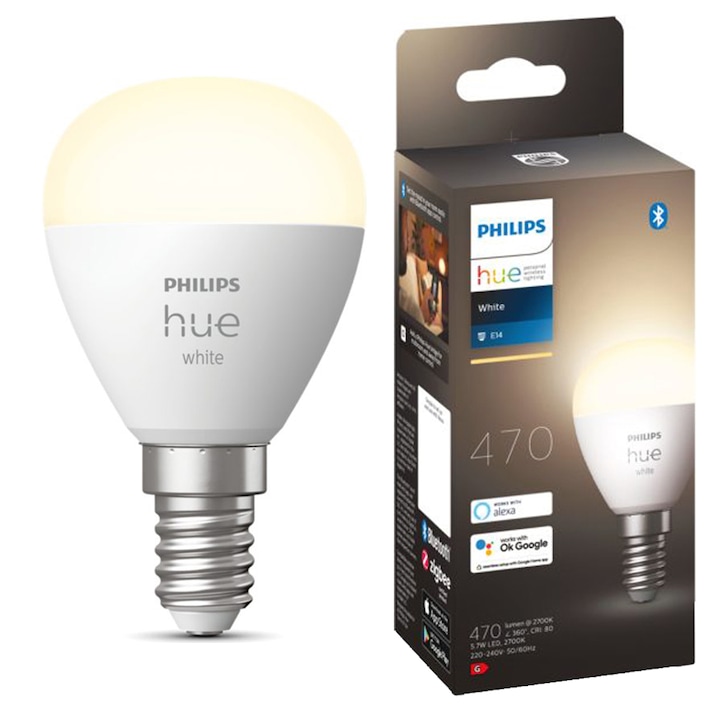 Reducere  RESIGILAT: Bec LED inteligent Philips Hue P45, Bluetooth, Zigbee, lustra, E14, 5.7W, 470 lm, lumina alba calda (2700K), clasa energetica G