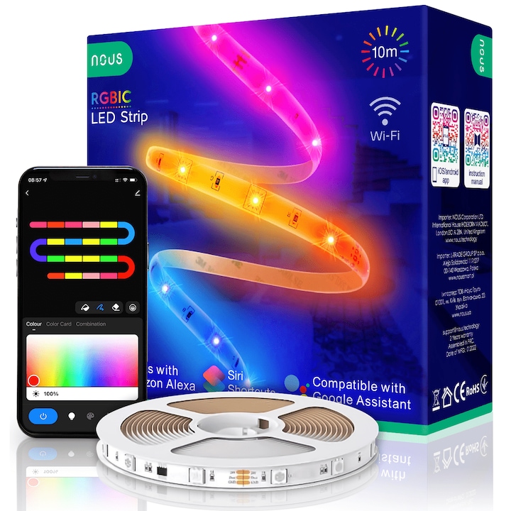 Reducere  RESIGILAT: Banda LED RGBIC inteligenta Nous F5, Wi-Fi, sincronizare muzica, control vocal, 18W, lumina colorata, 10m