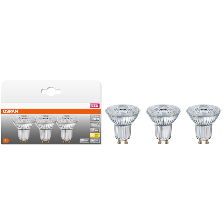 Reducere  RESIGILAT: Set 3 becuri LED Osram Base PAR16, GU10, 4.3W (50W), 350 lm, lumina calda (2700K), clasa energetica F