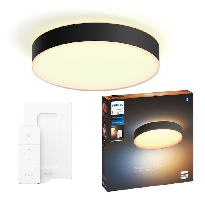 Reducere  RESIGILAT: Plafoniera LED inteligenta Philips Hue Enrave, Bluetooth, 33.5W, 4300 lm, lumina ambianta alba (2200-6500K), 42.5cm, Negru, Intrerupator cu variator inclus, clasa energetica F